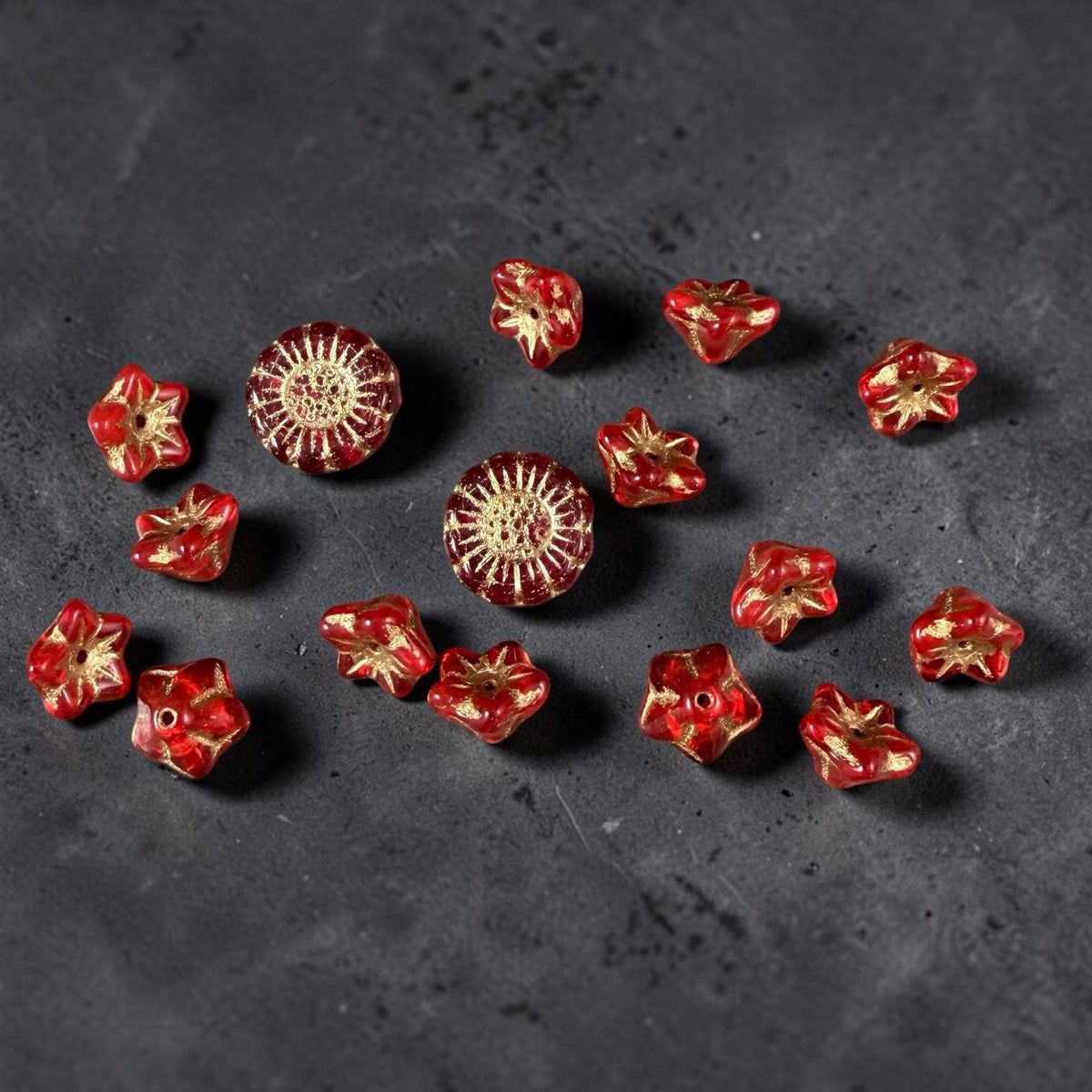 Czech Glass Beads - 6x9mm Bell Flower, Transparent Red with Gold Wash (BF/N-0212) * Qty. 25