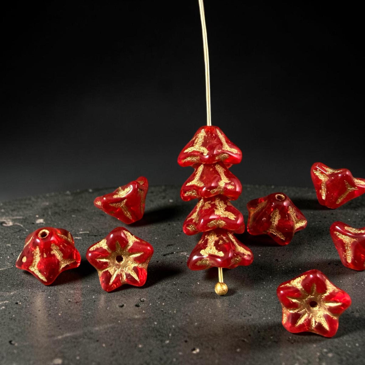 Czech Glass Beads - 6x9mm Bell Flower, Transparent Red with Gold Wash (BF/N-0212) * Qty. 25