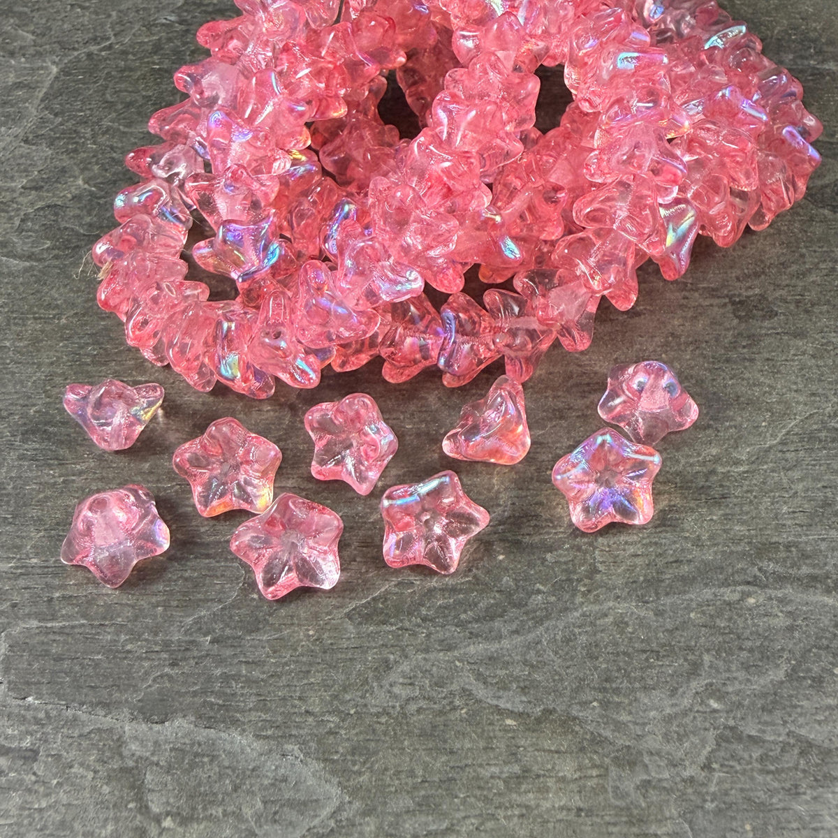 Czech Glass Beads - 6x9mm Bell Flower, Carnation Pink with AB Finish (BF/N-0457) * Qty. 25