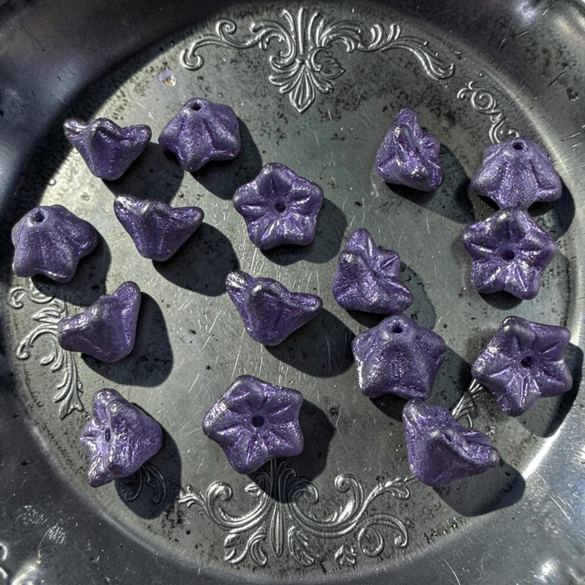Czech Glass Beads - 6x9mm Bell Flower, Matte Dark Purple with Purple Wash (BF/N-1105B) * Qty. 25