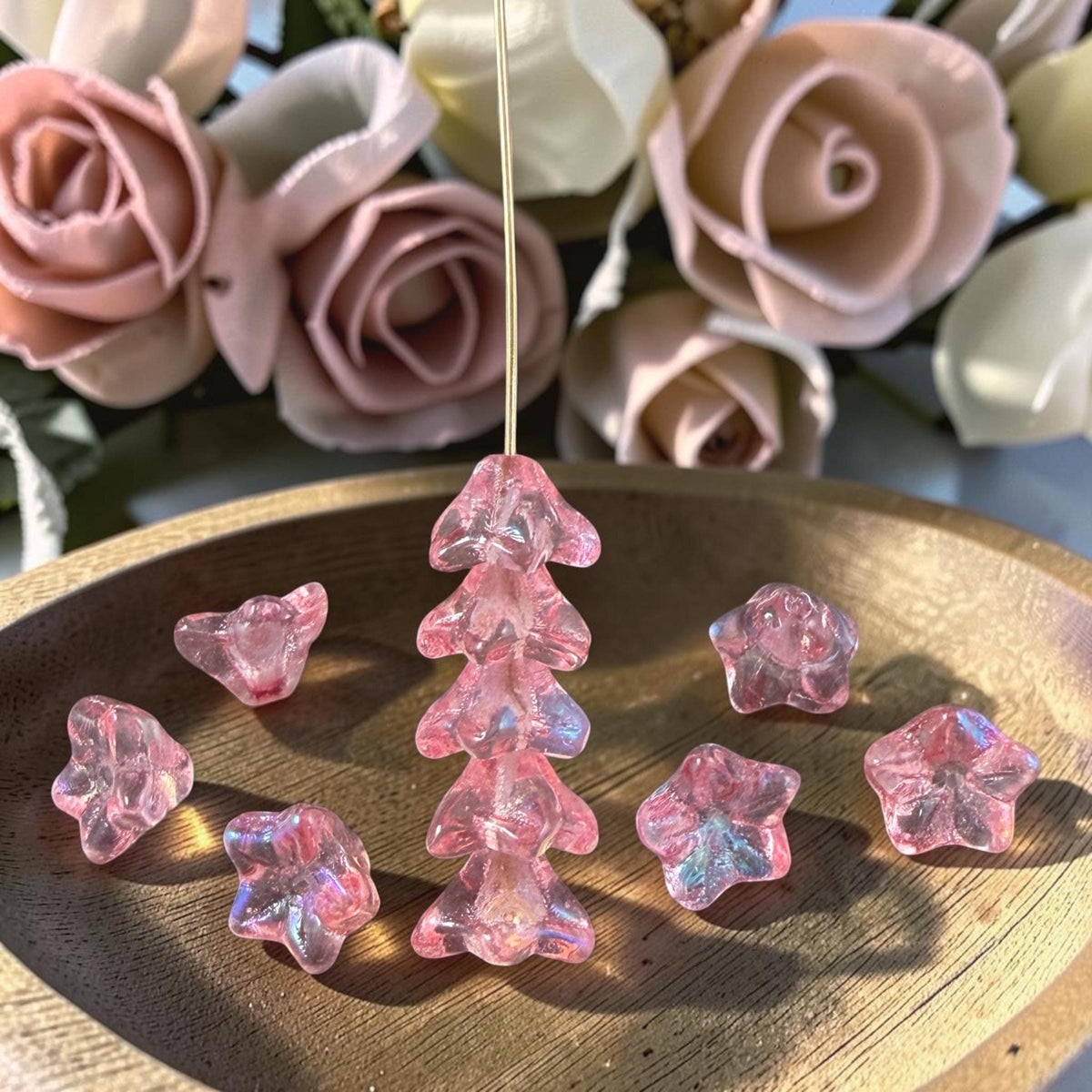 Czech Glass Beads - 6x9mm Bell Flower, Carnation Pink with AB Finish (BF/N-0457) * Qty. 25