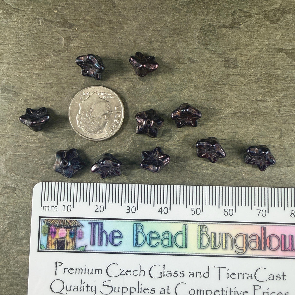 Czech Glass Beads - 6x9mm Bell Flower, Black with Mother of Pearl Finish (BF/N-0648) * Qty. 25