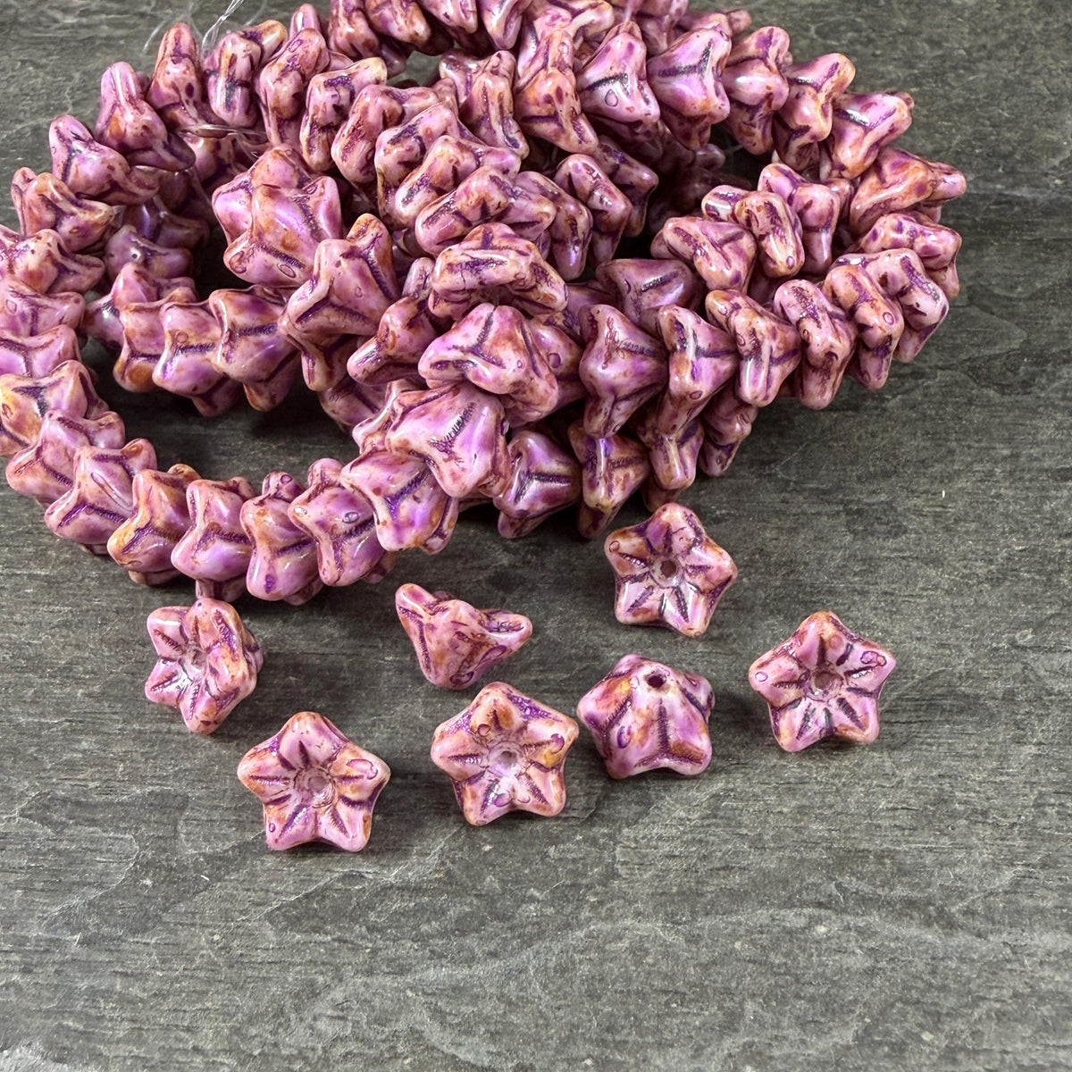 Czech Glass Beads - 6x9mm Bell Flower, Alabaster with Lavender Picasso (BF/N-0065) * Qty. 25
