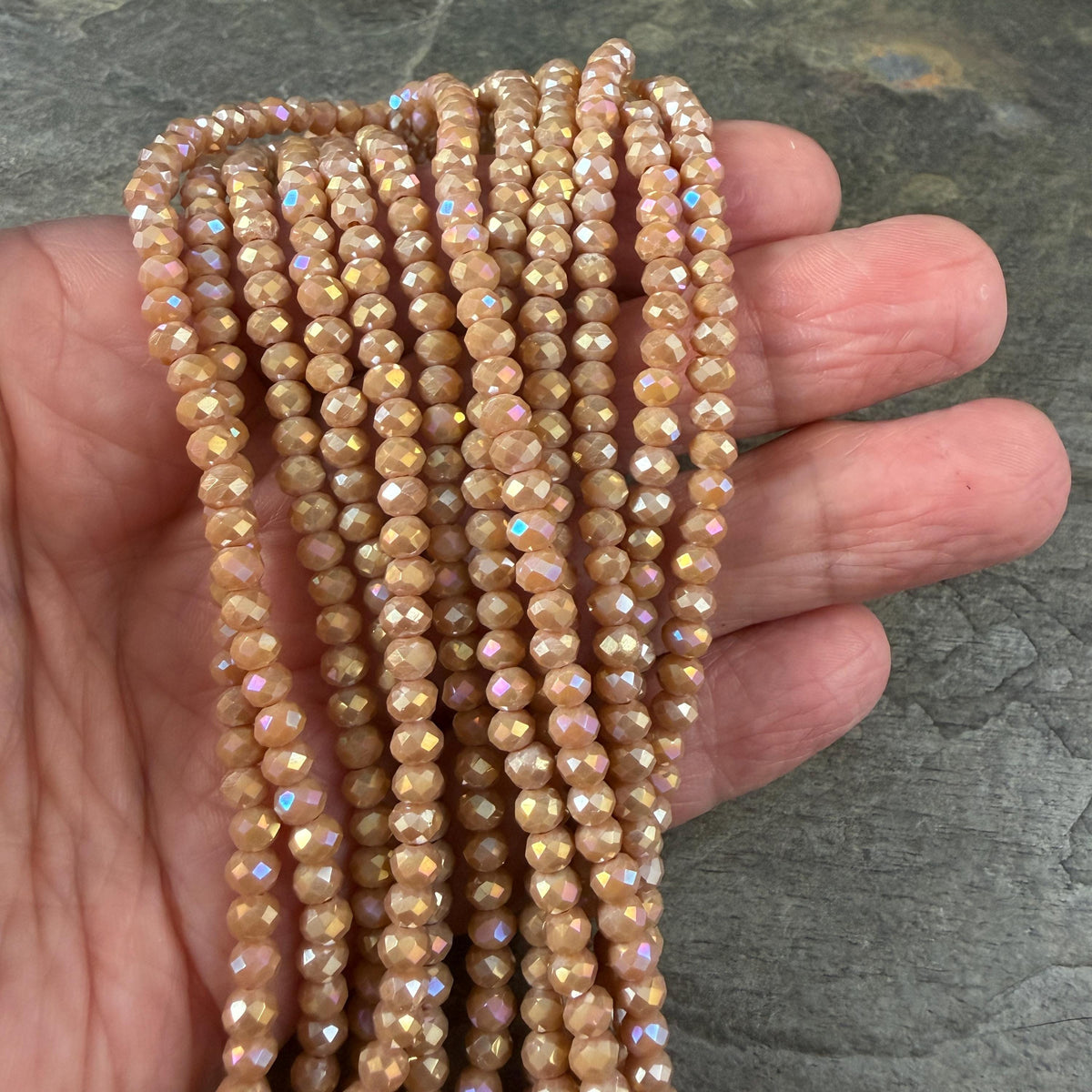 4x3mm Faceted Glass Beads, Camel Tan with AB Finish (CamelAB-4) * 13" Strand