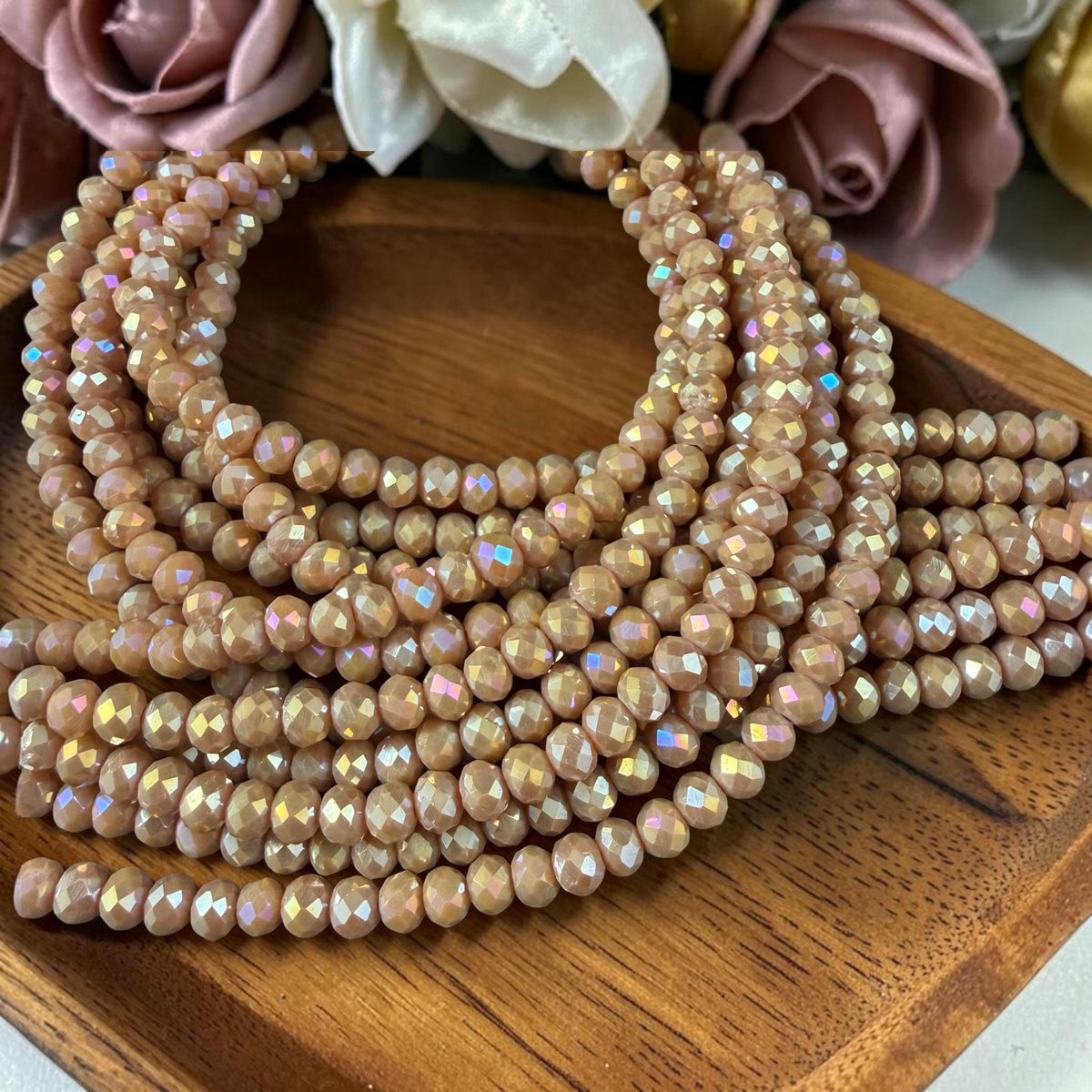 4x3mm Faceted Glass Beads, Camel Tan with AB Finish (CamelAB-4) * 13" Strand