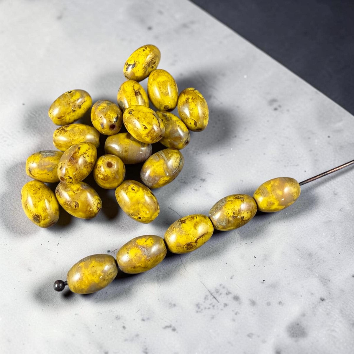 Czech Glass Beads - 9x6mm Olive Oval, Yellow Picasso (R964852) * 20 Beads