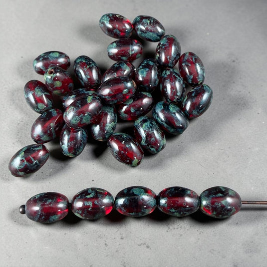 Czech Glass Beads - 9x6mm Olive Oval, Red Picasso (R964853) * 20 Beads