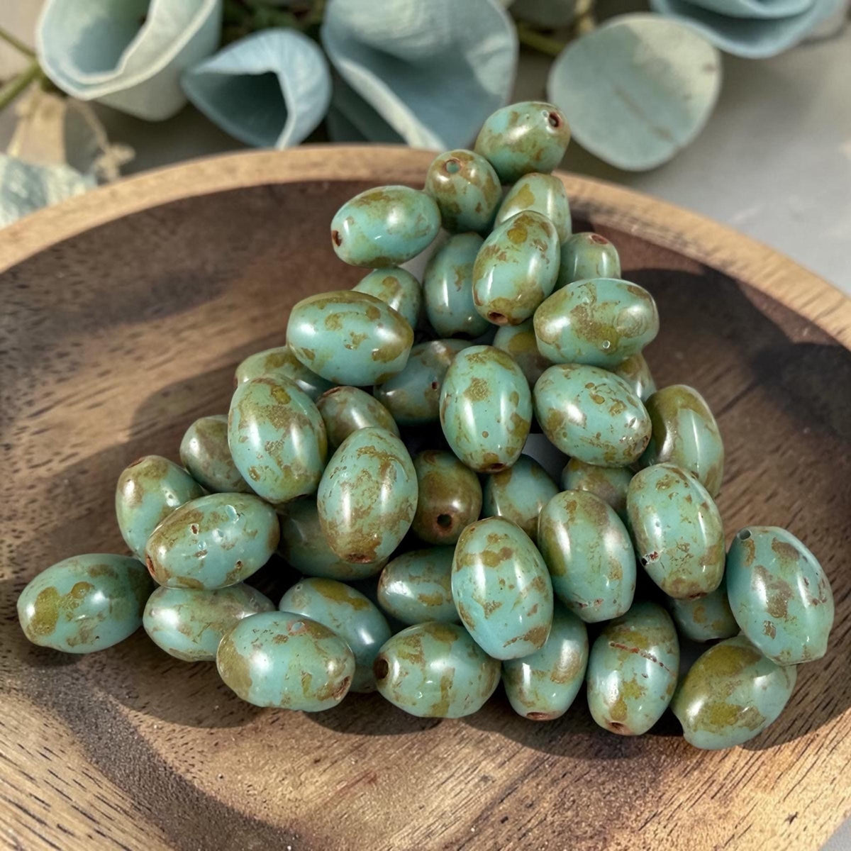 Czech Glass Beads - 9x6mm Olive Oval, Light Turquoise Picasso (R964850) * 20 Beads