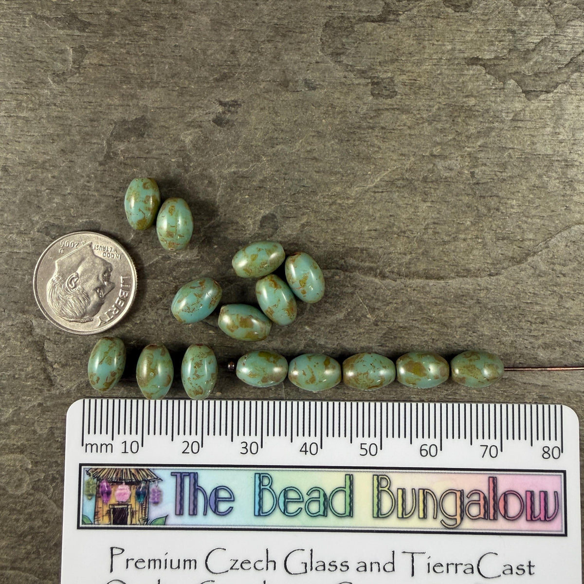 Czech Glass Beads - 9x6mm Olive Oval, Light Turquoise Picasso (R964850) * 20 Beads
