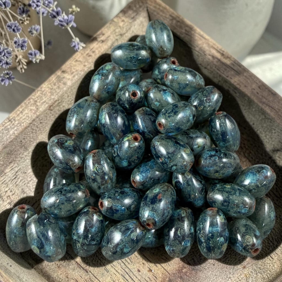 Czech Glass Beads - 9x6mm Olive Oval, Sapphire Blue Picasso (R964846) * 25 Beads