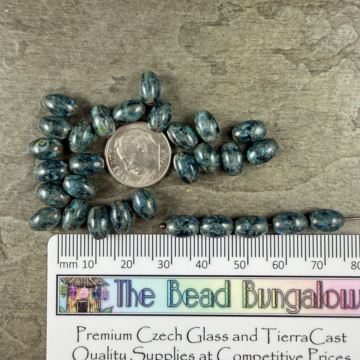 Czech Glass Beads - 9x6mm Olive Oval, Sapphire Blue Picasso (R964846) * 25 Beads