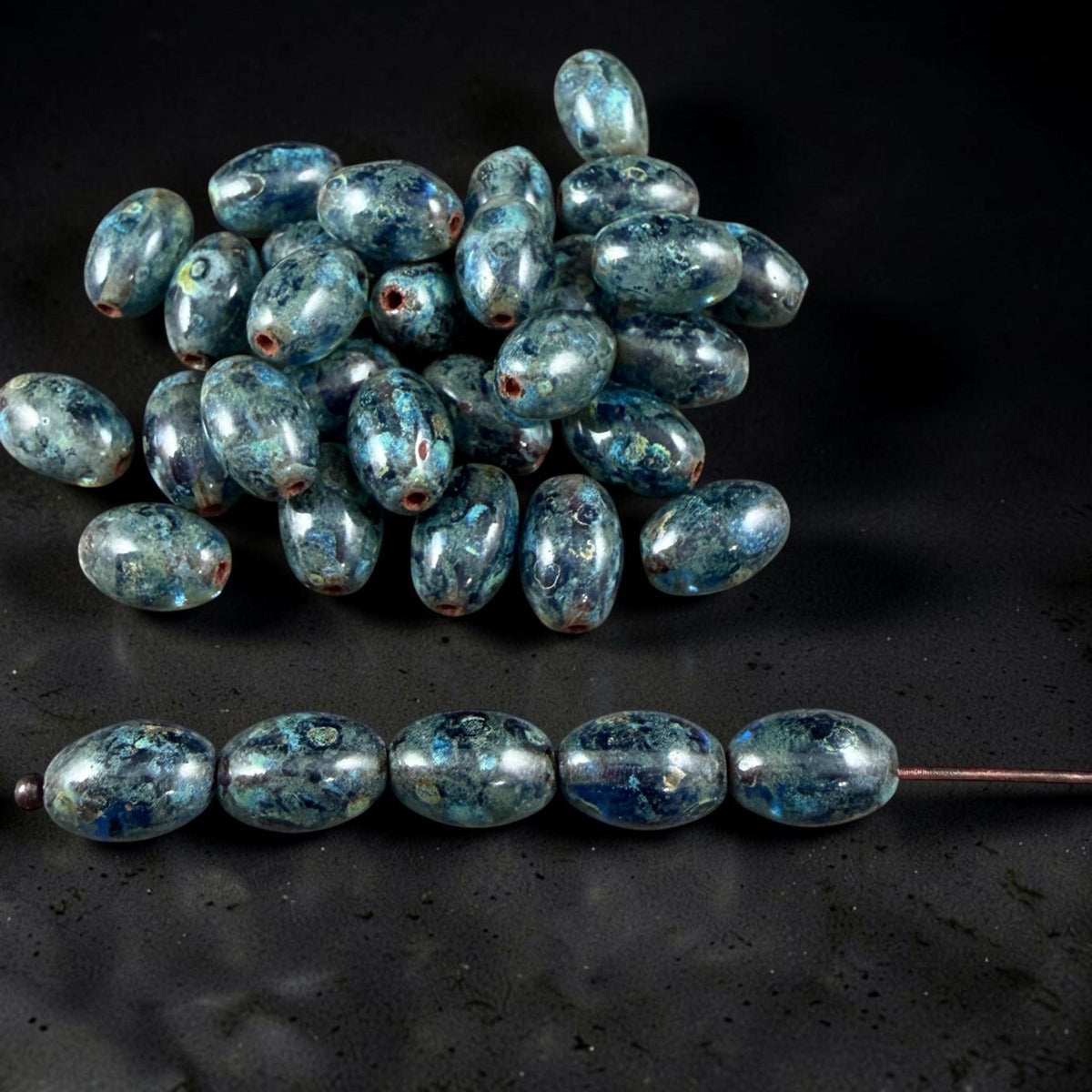 Czech Glass Beads - 9x6mm Olive Oval, Sapphire Blue Picasso (R964846) * 25 Beads