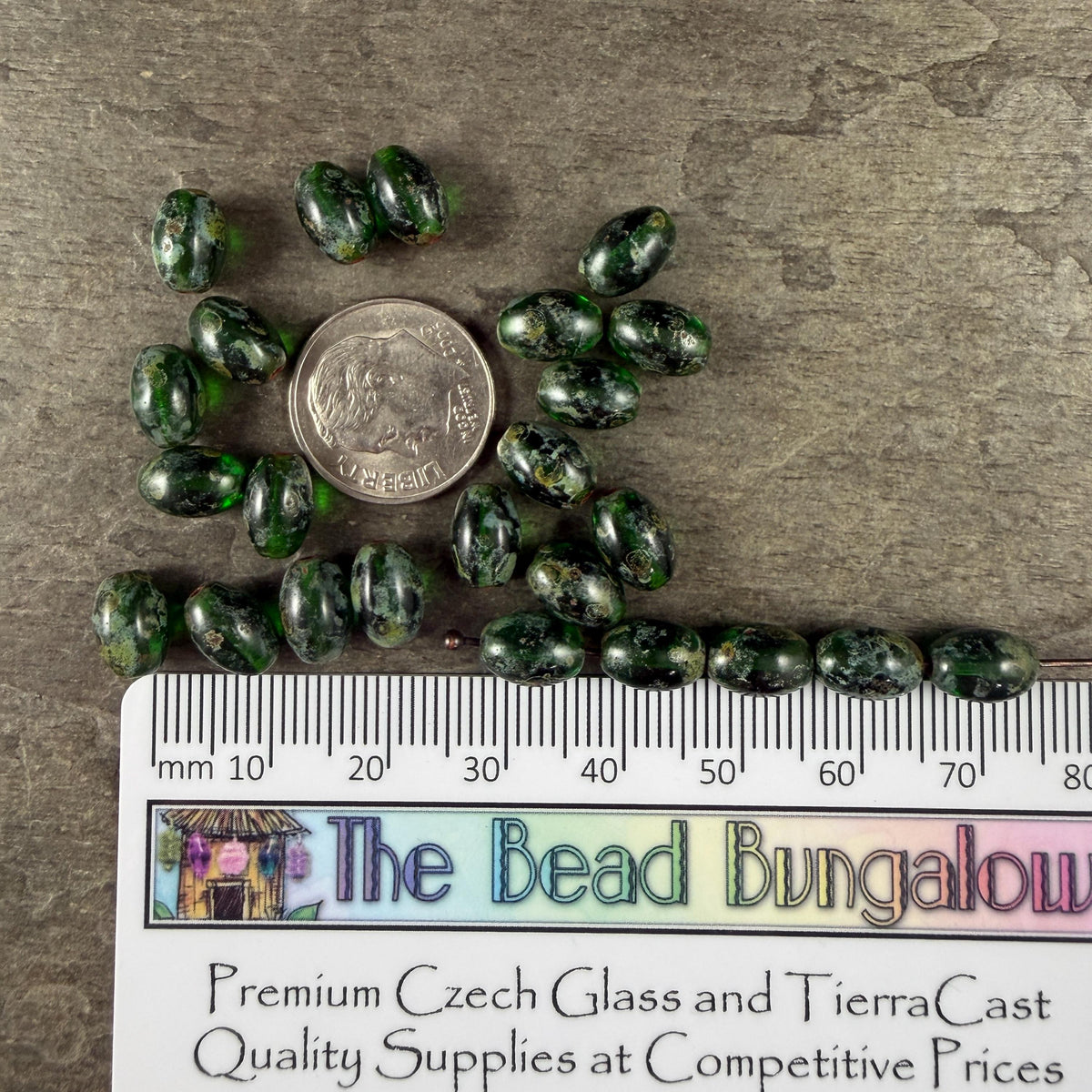 Czech Glass Beads - 9x6mm Olive Oval, Emerald Green Picasso (R964849) * 20 Beads