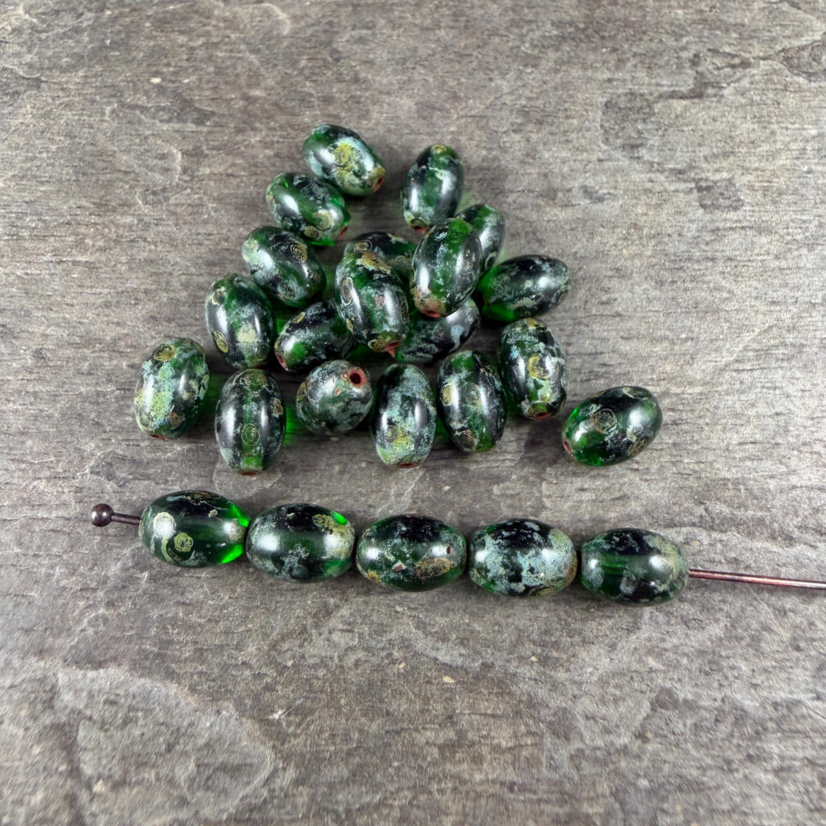 Czech Glass Beads - 9x6mm Olive Oval, Emerald Green Picasso (R964849) * 20 Beads