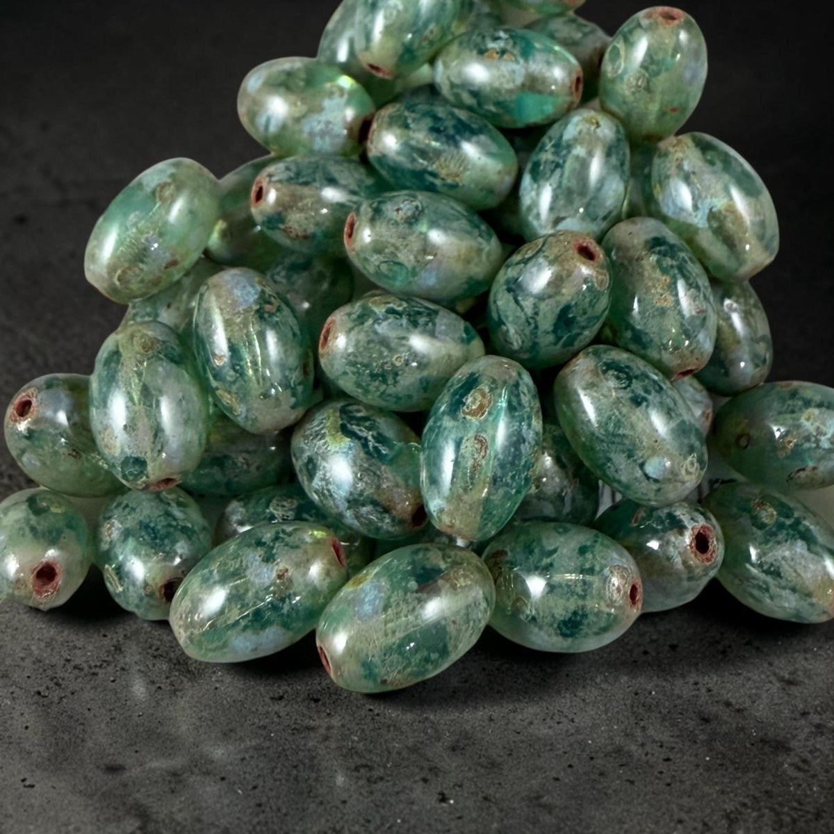 Czech Glass Beads - 9x6mm Olive Oval, Aqua Blue Picasso (R964855) * 25 Beads