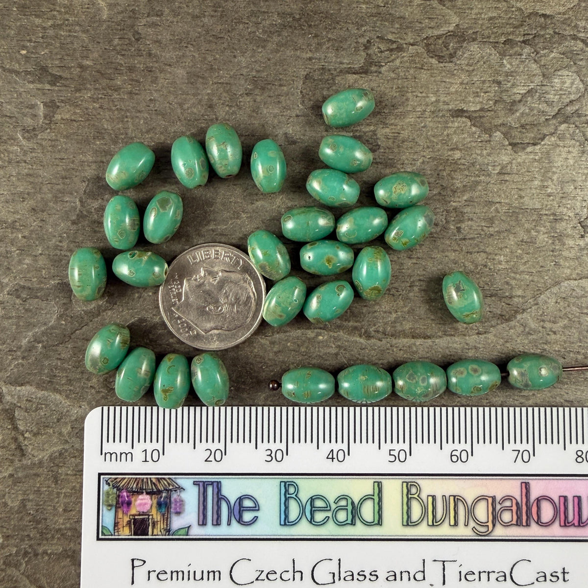 Czech Glass Beads - 9x6mm Olive Oval, Dark Turquoise Picasso (R964851) * 20 Beads