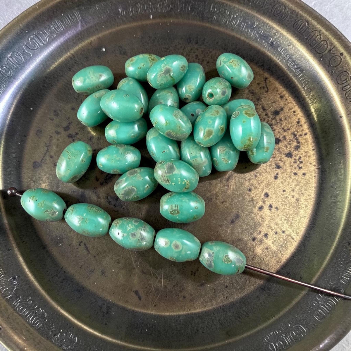 Czech Glass Beads - 9x6mm Olive Oval, Dark Turquoise Picasso (R964851) * 20 Beads