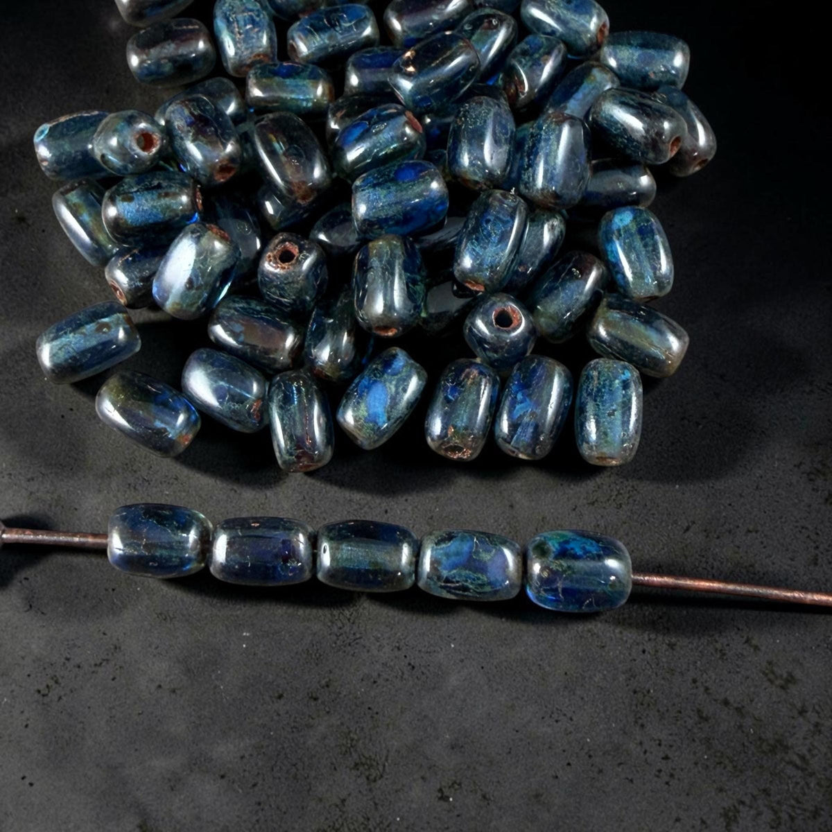 Czech Glass Beads - 5x3mm Rectangle, Sapphire Blue Travertine (R965326) * 50 Beads