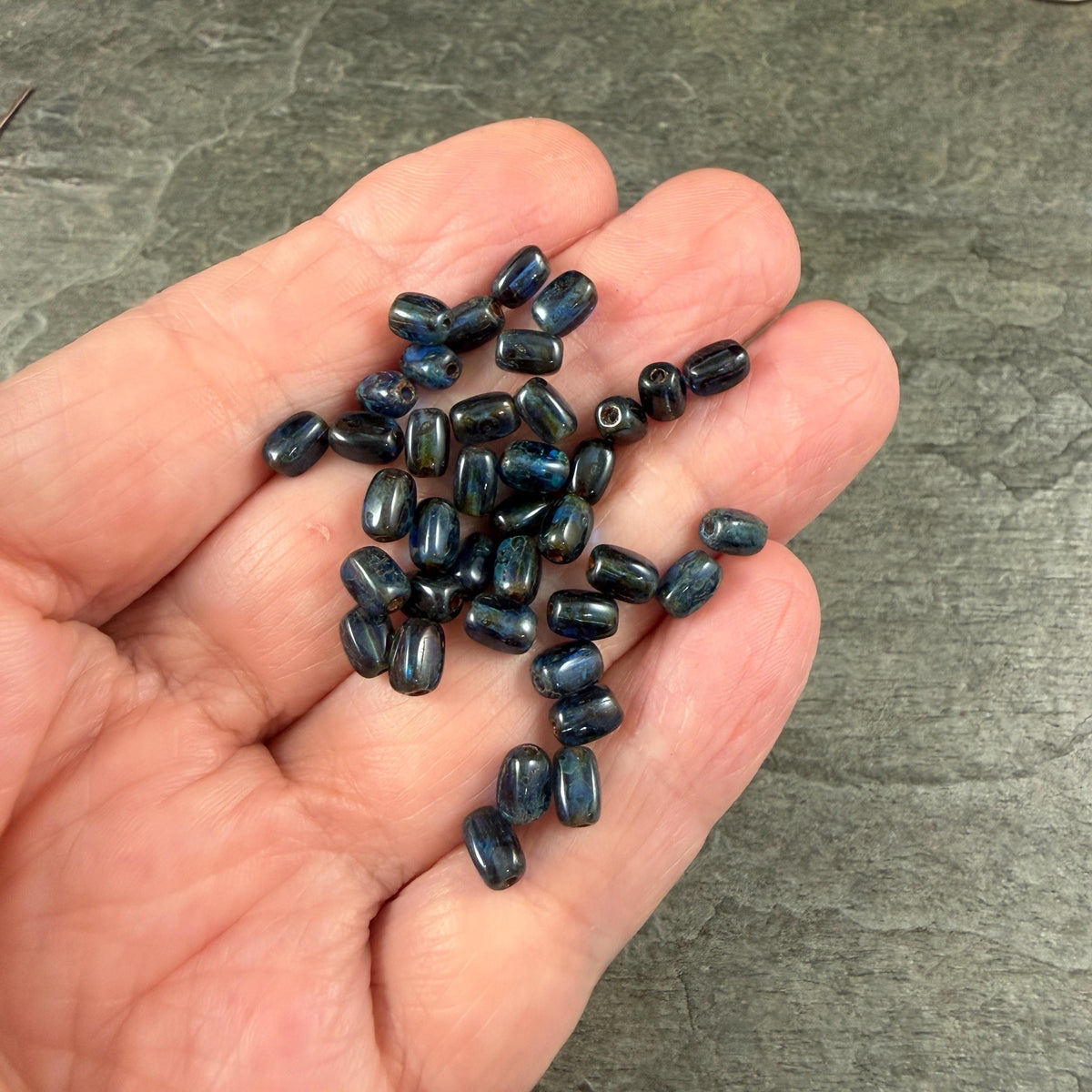 Czech Glass Beads - 5x3mm Rectangle, Sapphire Blue Travertine (R965326) * 50 Beads