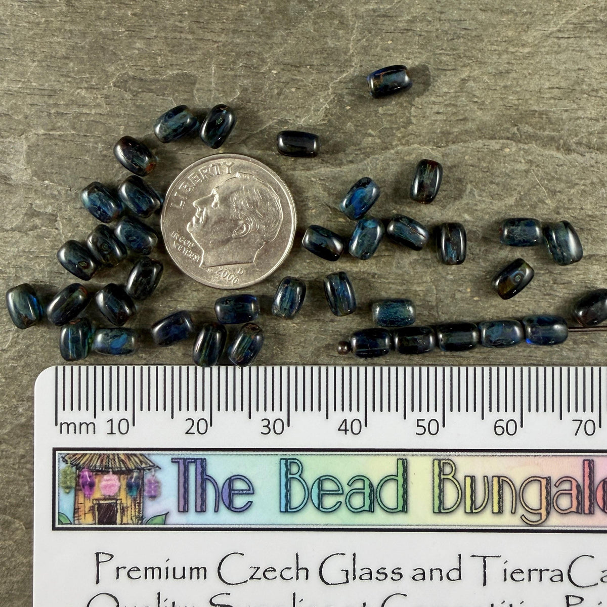 Czech Glass Beads - 5x3mm Rectangle, Sapphire Blue Travertine (R965326) * 50 Beads