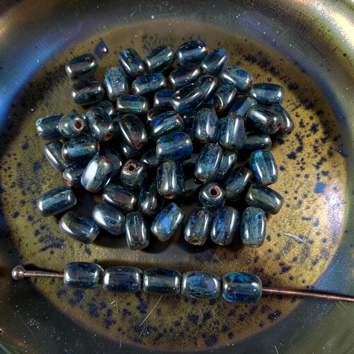 Czech Glass Beads - 5x3mm Rectangle, Sapphire Blue Travertine (R965326) * 50 Beads
