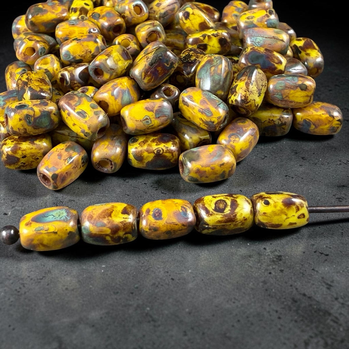 Czech Glass Beads - 5x3mm Rectangle, Yellow Picasso (R965327) * 50 Beads