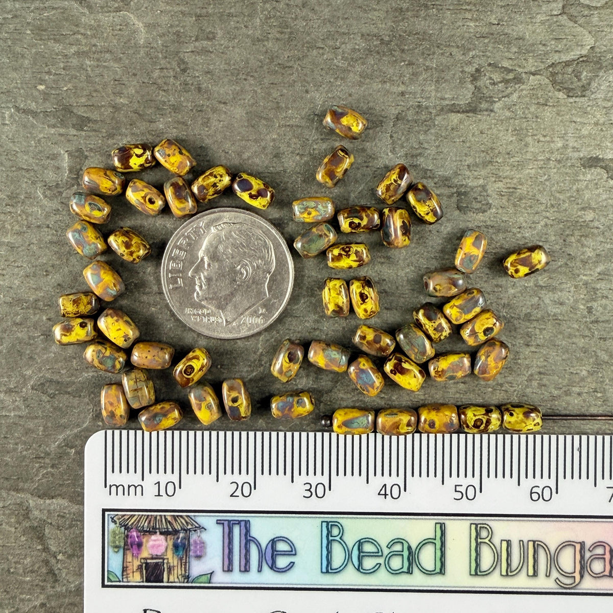 Czech Glass Beads - 5x3mm Rectangle, Yellow Picasso (R965327) * 50 Beads