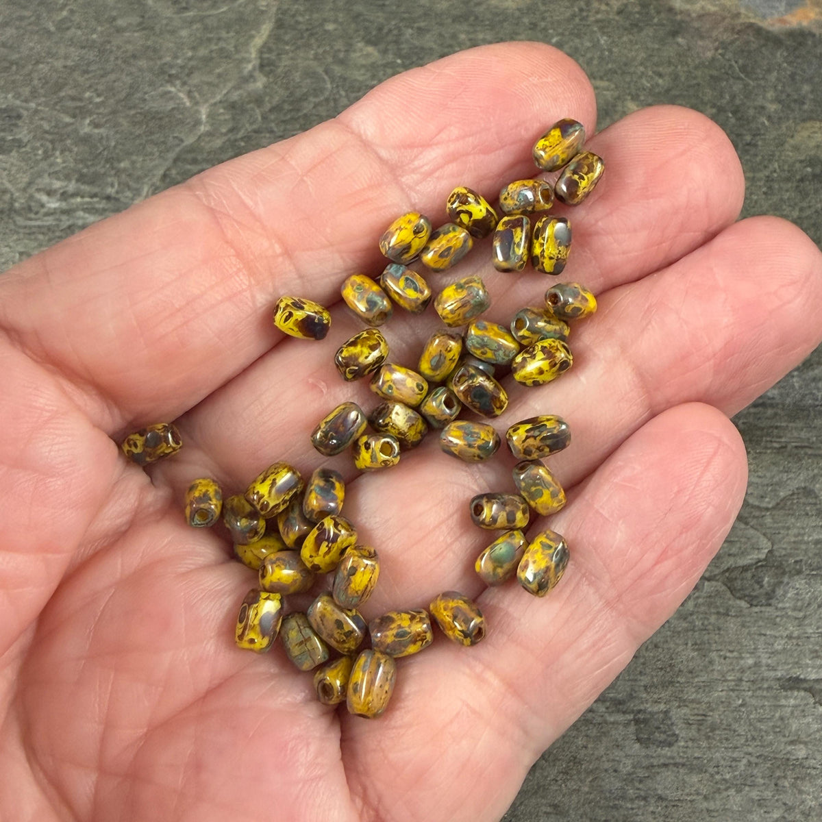 Czech Glass Beads - 5x3mm Rectangle, Yellow Picasso (R965327) * 50 Beads
