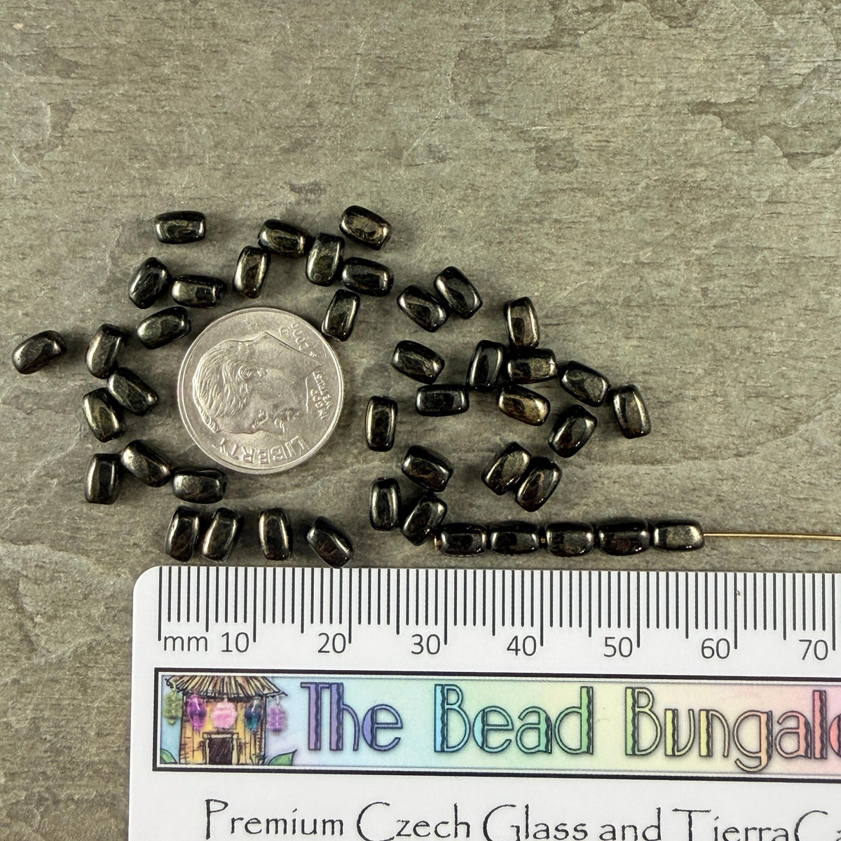 Czech Glass Beads - 5x3mm Rectangle, Black with Gold Luster Finish (R965527) * 50 Beads