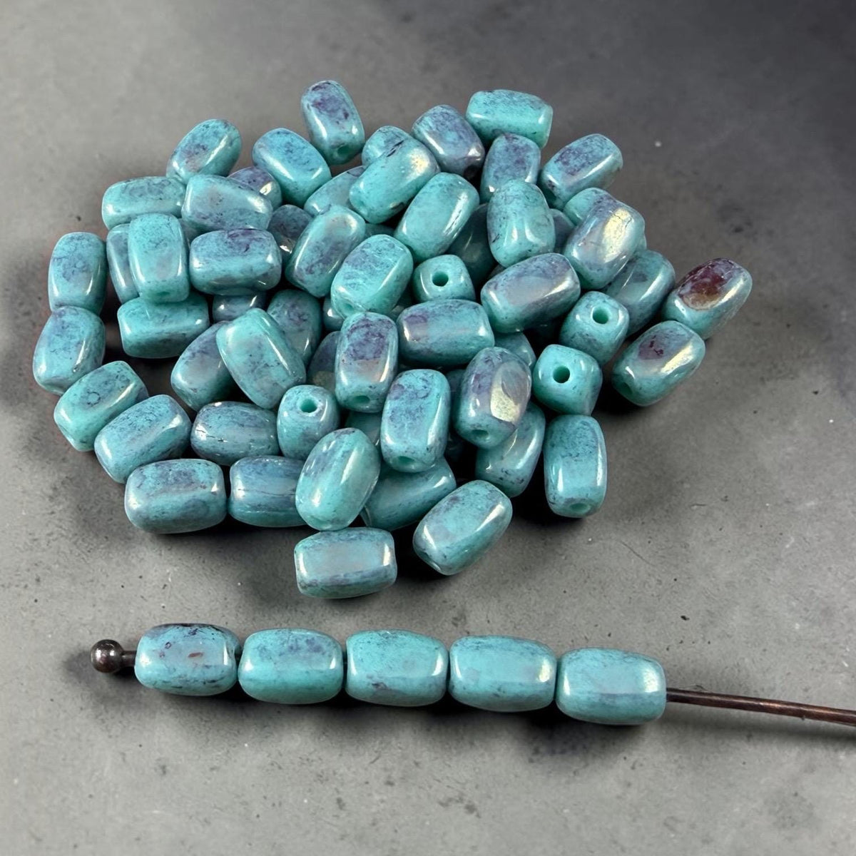Czech Glass Beads - 5x3mm Rectangle, Cadet Blue Picasso (R965525) * 50 Beads