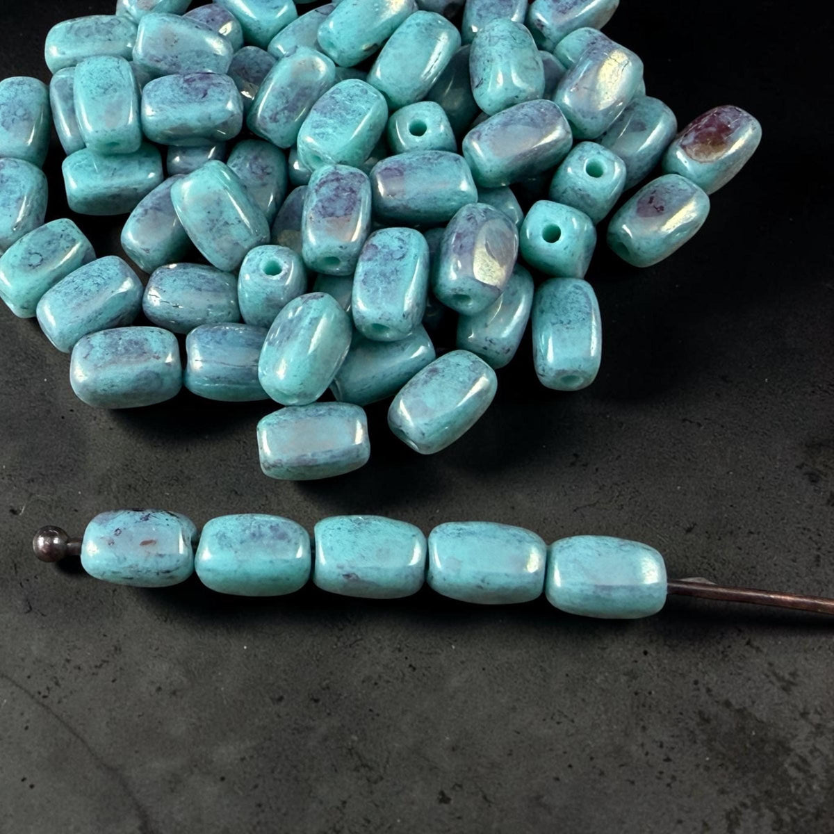 Czech Glass Beads - 5x3mm Rectangle, Cadet Blue Picasso (R965525) * 50 Beads