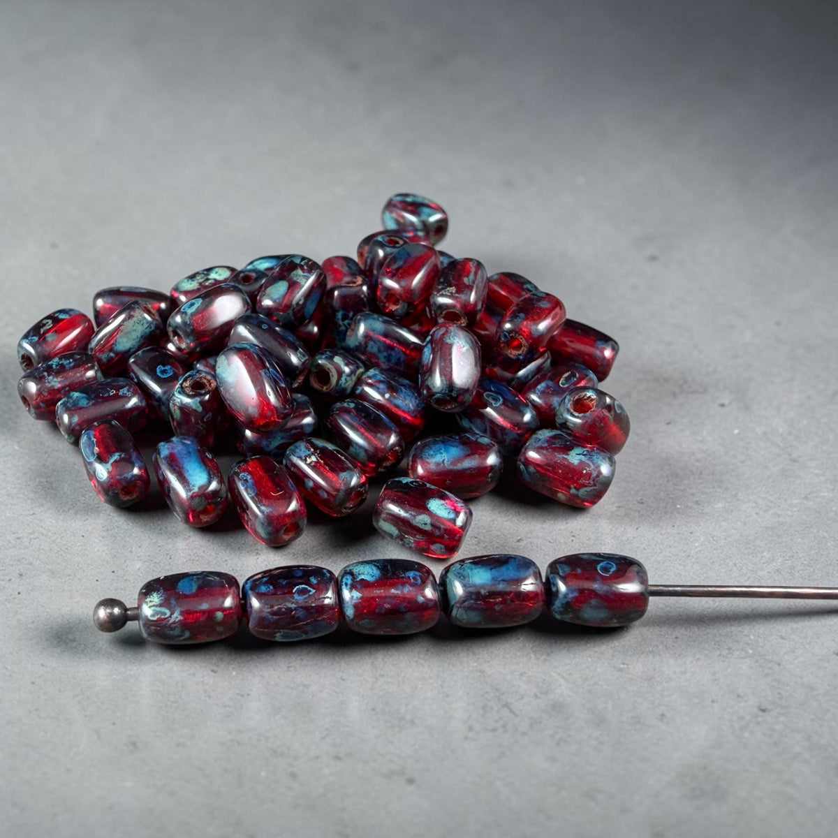 Czech Glass Beads - 5x3mm Rectangle, Ruby Red Travertine (R965518) * 50 Beads