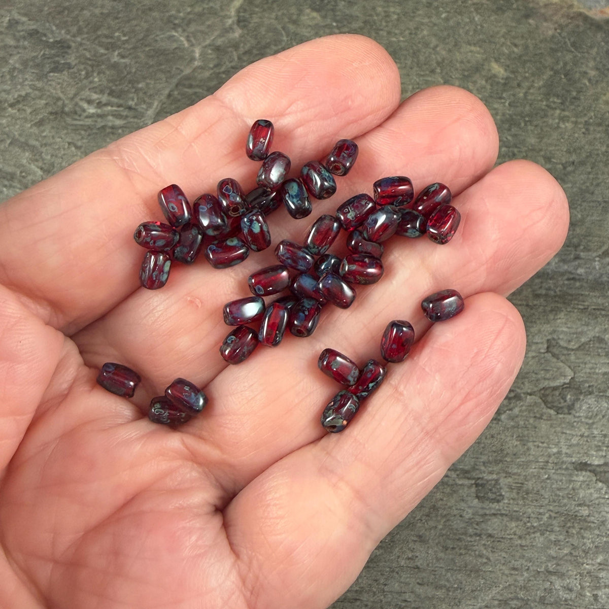 Czech Glass Beads - 5x3mm Rectangle, Ruby Red Travertine (R965518) * 50 Beads