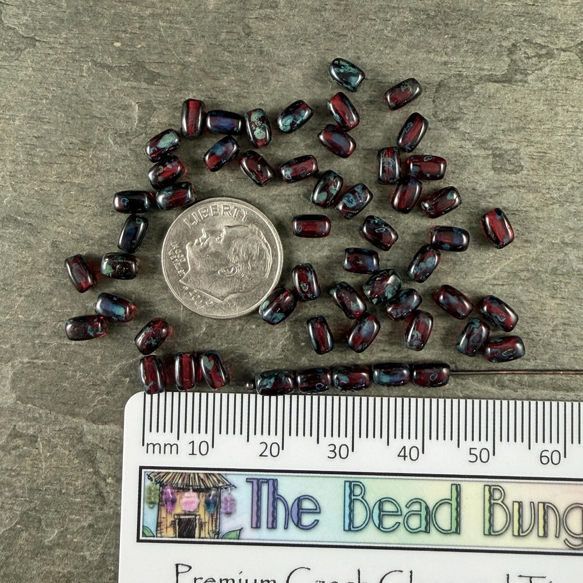 Czech Glass Beads - 5x3mm Rectangle, Ruby Red Travertine (R965518) * 50 Beads