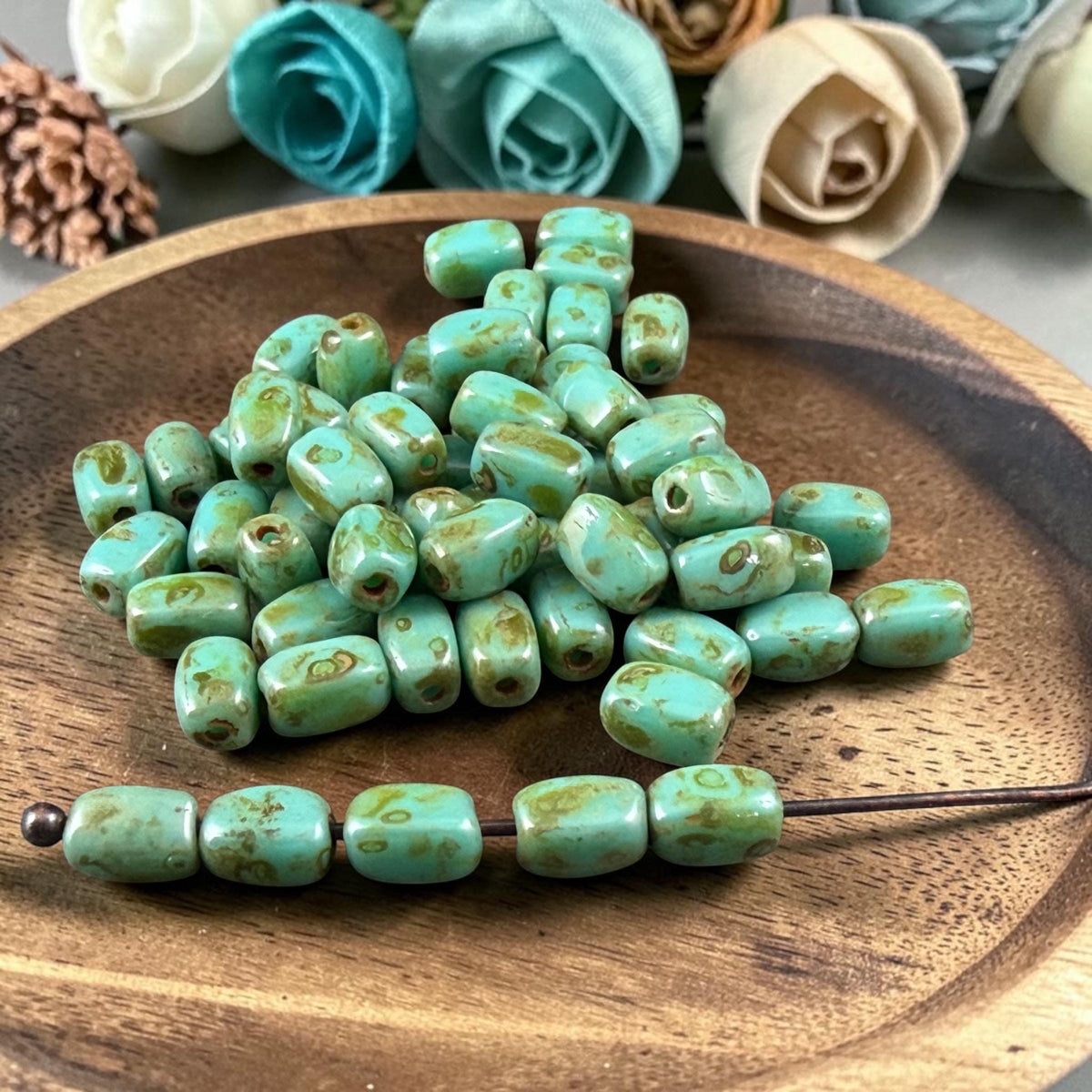 Czech Glass Beads - 5x3mm Rectangle, Turquoise Picasso (R965520) * 50 Beads