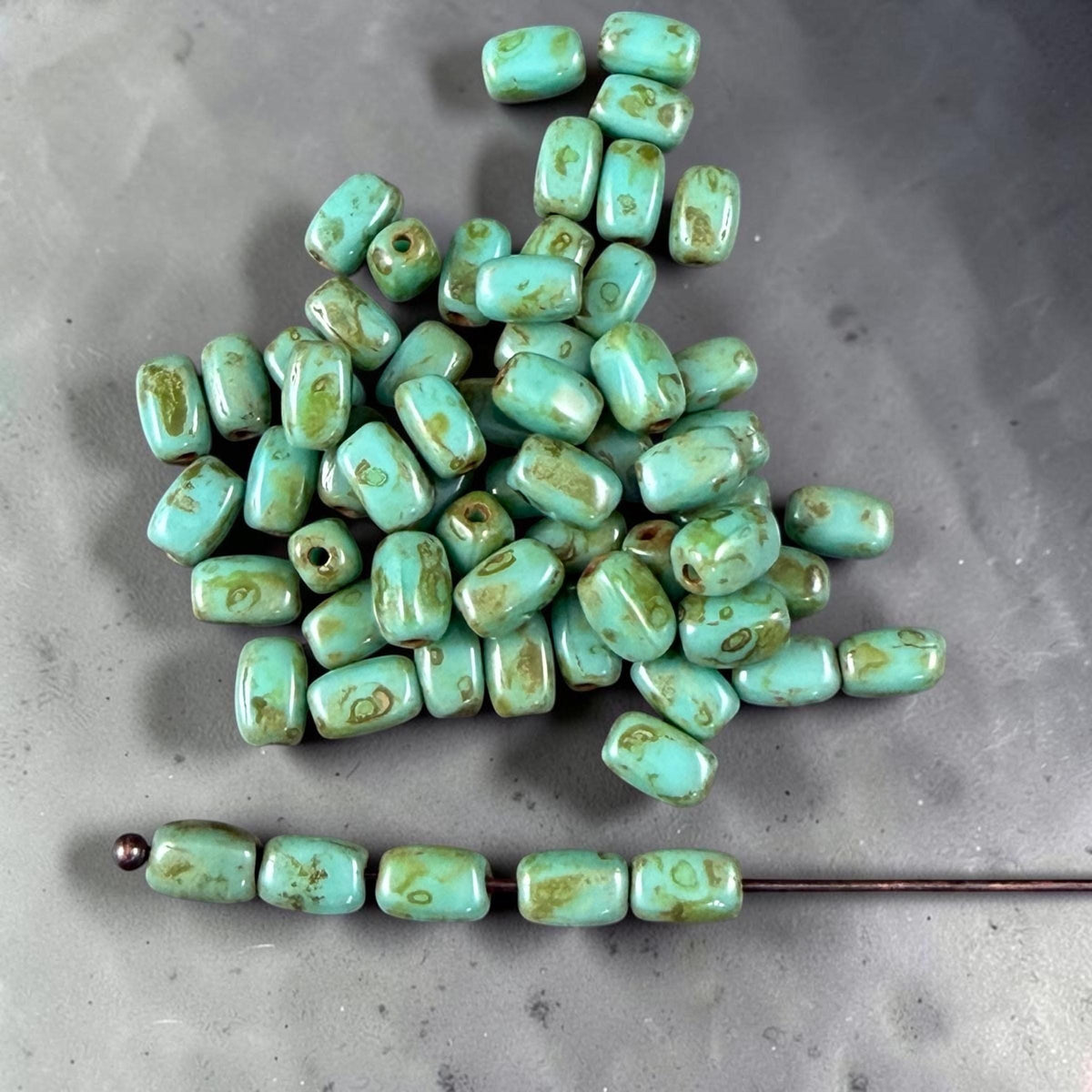 Czech Glass Beads - 5x3mm Rectangle, Turquoise Picasso (R965520) * 50 Beads
