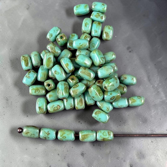 Czech Glass Beads - 5x3mm Rectangle, Turquoise Picasso (R965520) * 50 Beads