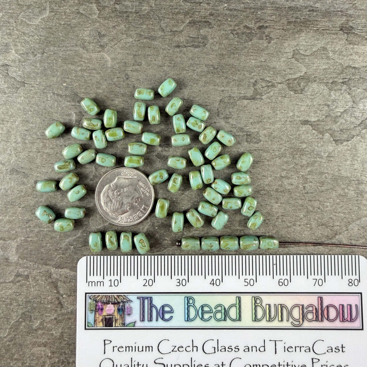 Czech Glass Beads - 5x3mm Rectangle, Turquoise Picasso (R965520) * 50 Beads