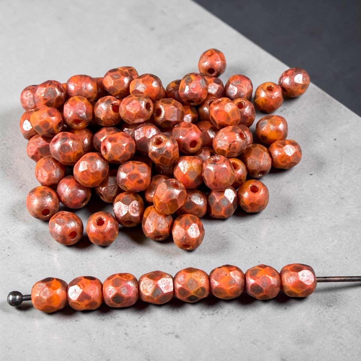 Czech Glass Beads - 4mm Faceted Round, Orange with Copper Picasso (R956060) * 50 Beads