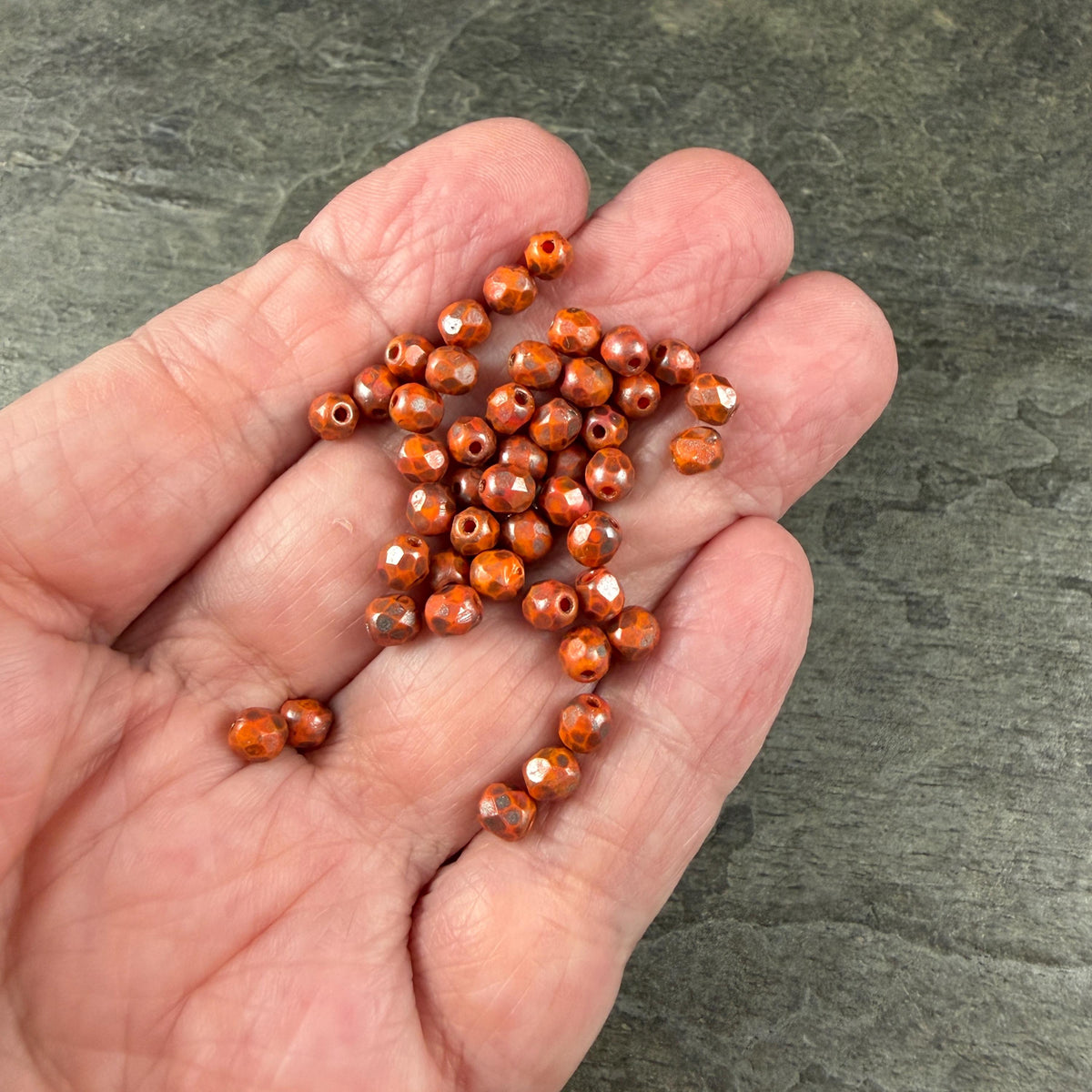 Czech Glass Beads - 4mm Faceted Round, Orange with Copper Picasso (R956060) * 50 Beads