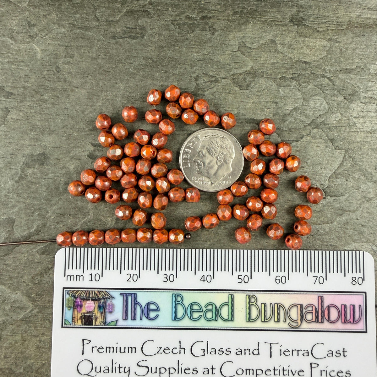 Czech Glass Beads - 4mm Faceted Round, Orange with Copper Picasso (R956060) * 50 Beads