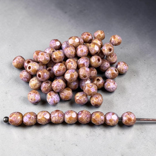 Czech Glass Beads - 4mm Faceted Round, Thistle with Brown Picasso (R952530) * 50 Beads