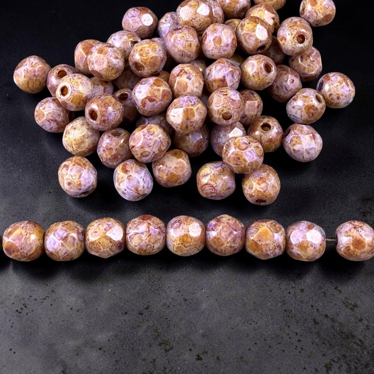 Czech Glass Beads - 4mm Faceted Round, Thistle with Brown Picasso (R952530) * 50 Beads