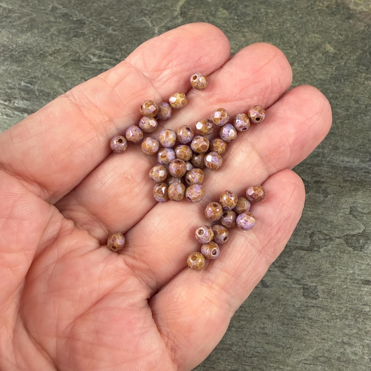 Czech Glass Beads - 4mm Faceted Round, Thistle with Brown Picasso (R952530) * 50 Beads
