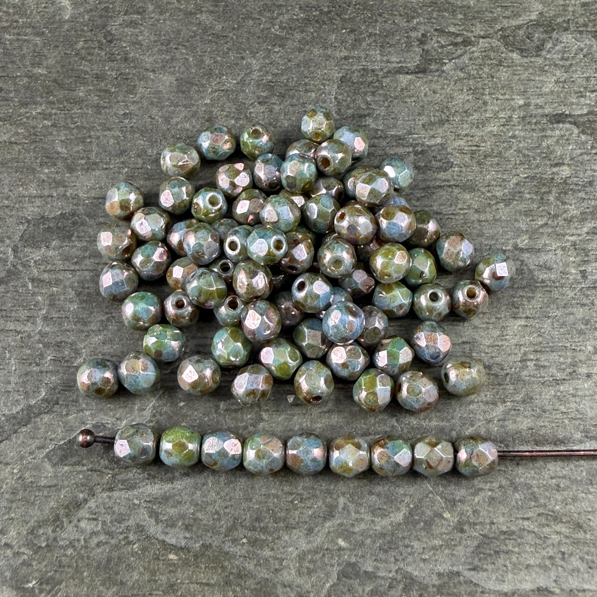 Czech Glass Beads - 4mm Faceted Round, Turquoise with Bronze Picasso Luster (R500634) * 50 Beads