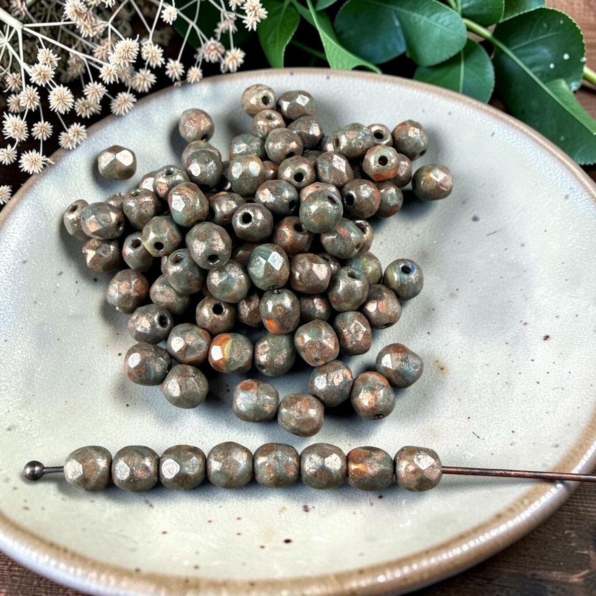 Czech Glass Beads - 4mm Faceted Round, Dark Olive Green with Copper Picasso (R956064) * 50 Beads