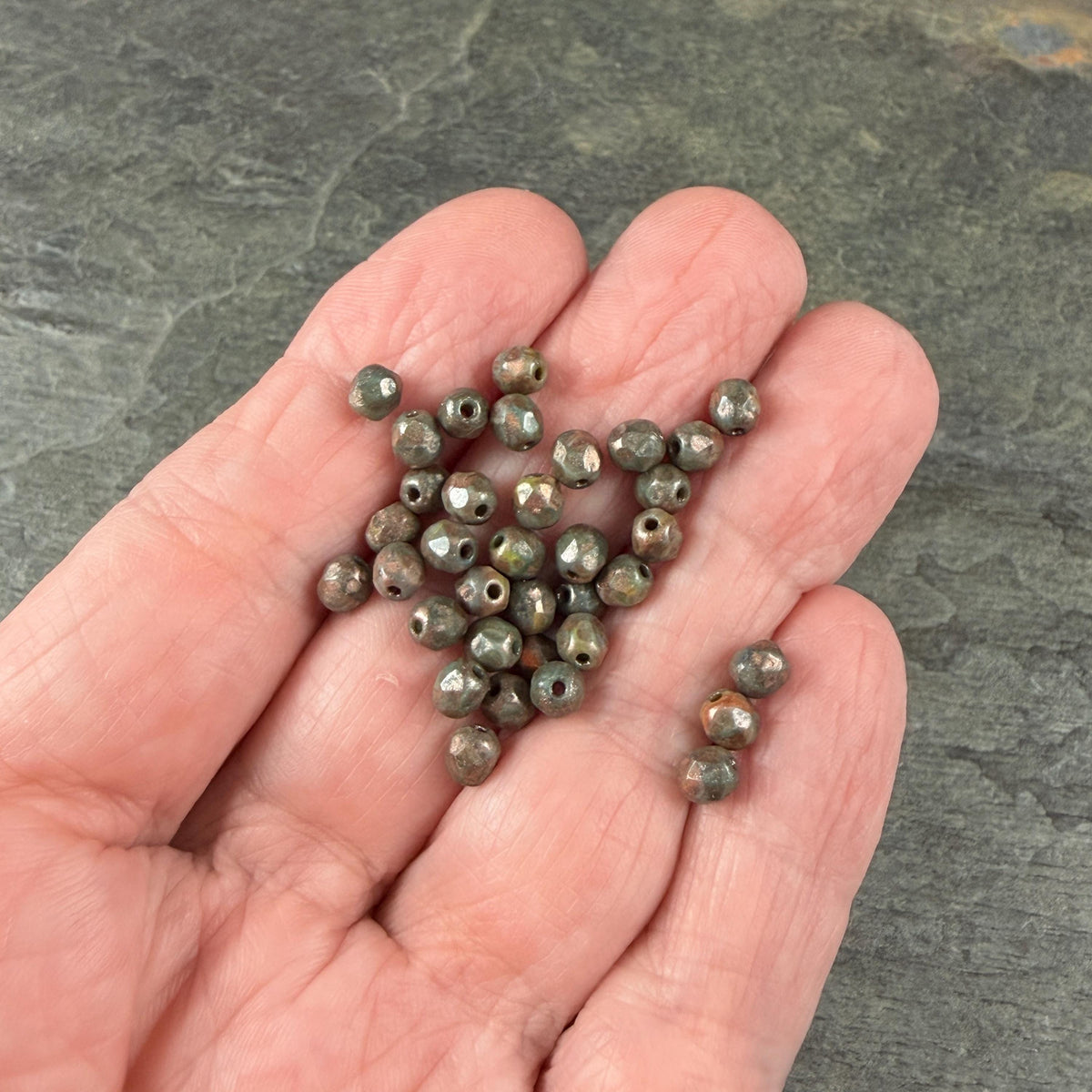 Czech Glass Beads - 4mm Faceted Round, Dark Olive Green with Copper Picasso (R956064) * 50 Beads