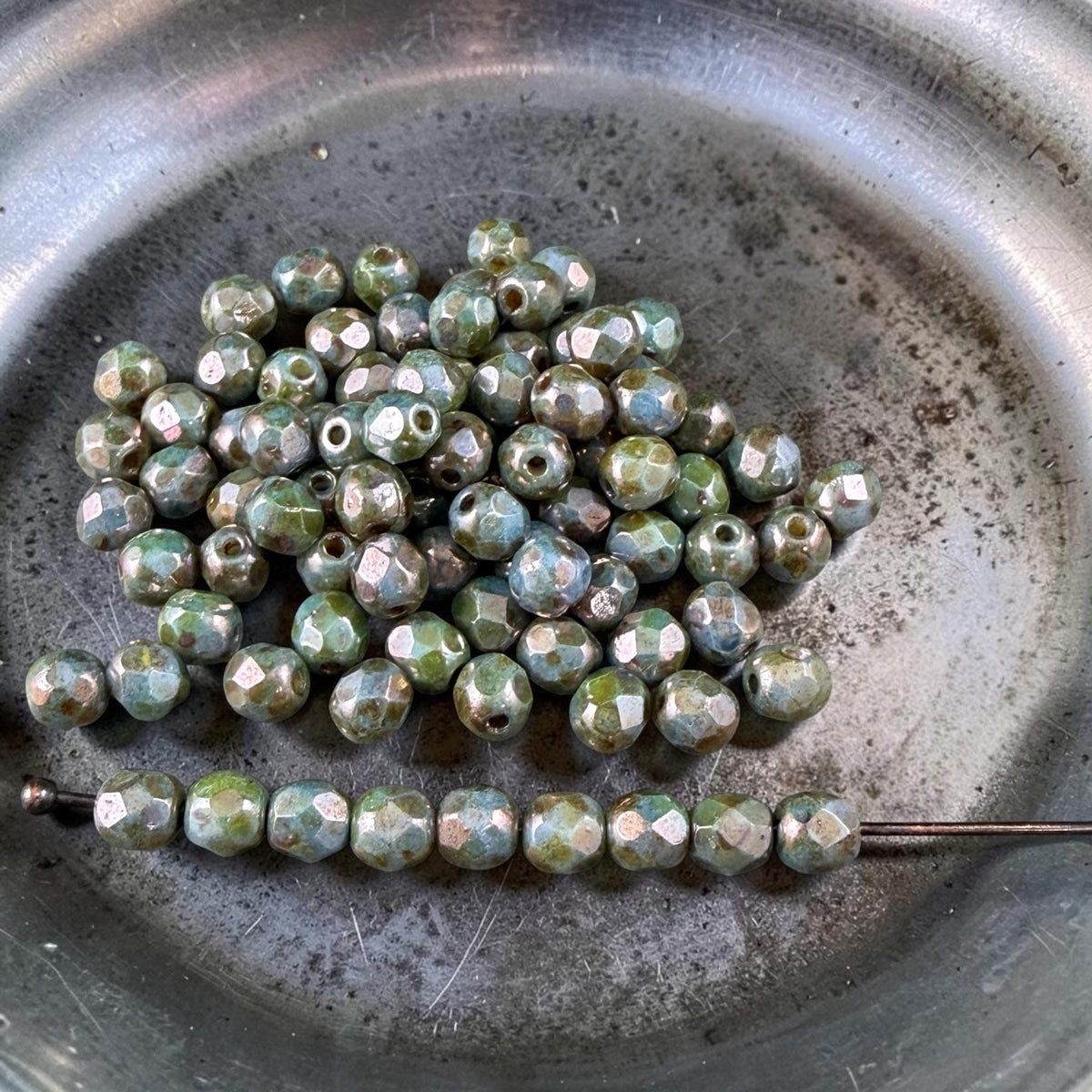 Czech Glass Beads - 4mm Faceted Round, Turquoise with Bronze Picasso Luster (R500634) * 50 Beads