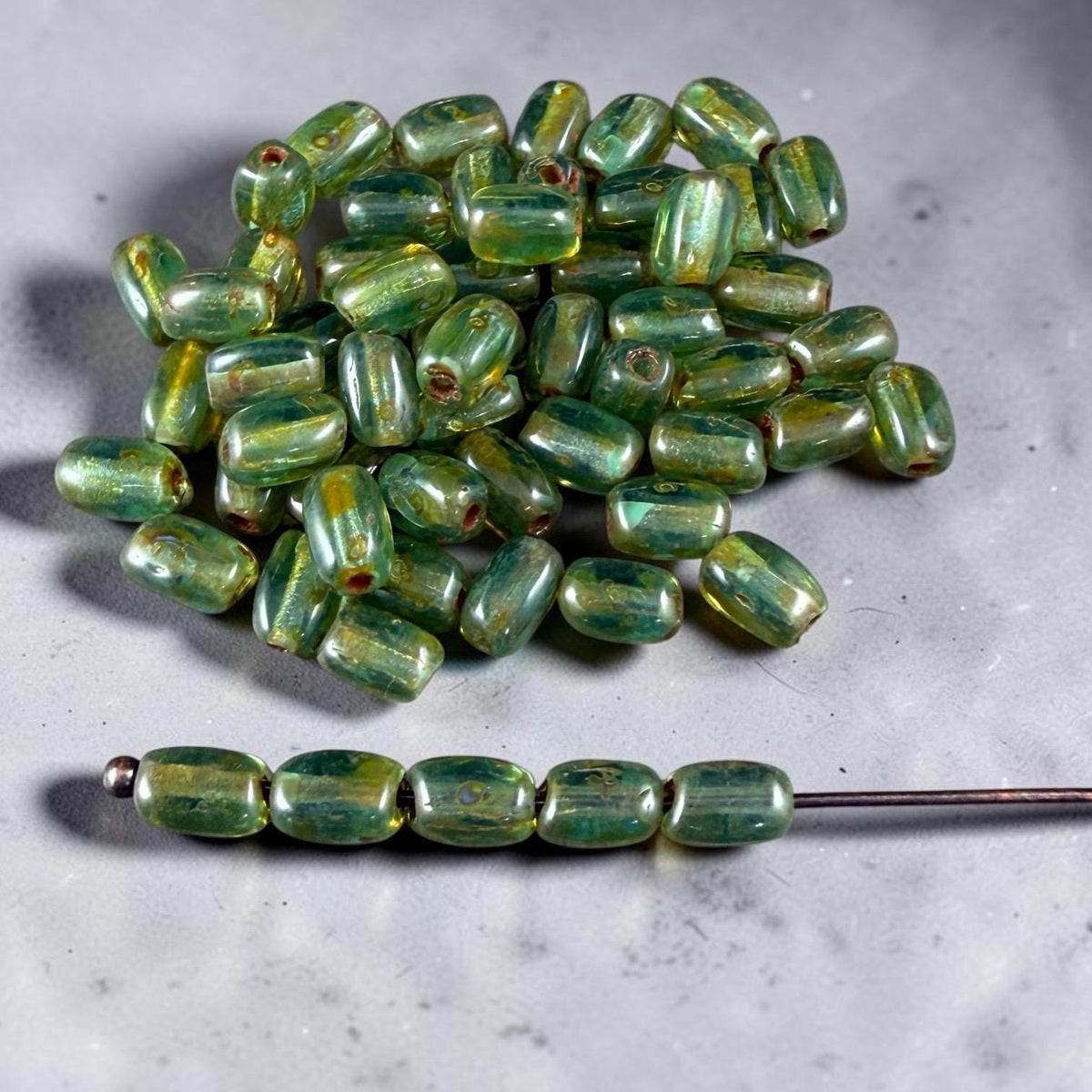 Czech Glass Beads - 5x3mm Rectangle, Olive Green Picasso (R965517) * 50 Beads