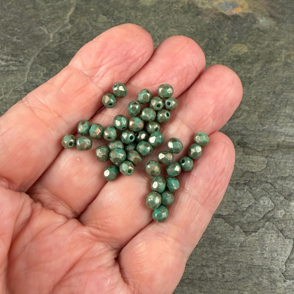 Czech Glass Beads - 4mm Faceted Round, Dark Turquoise with Copper Picasso (R596051) * 50 Beads